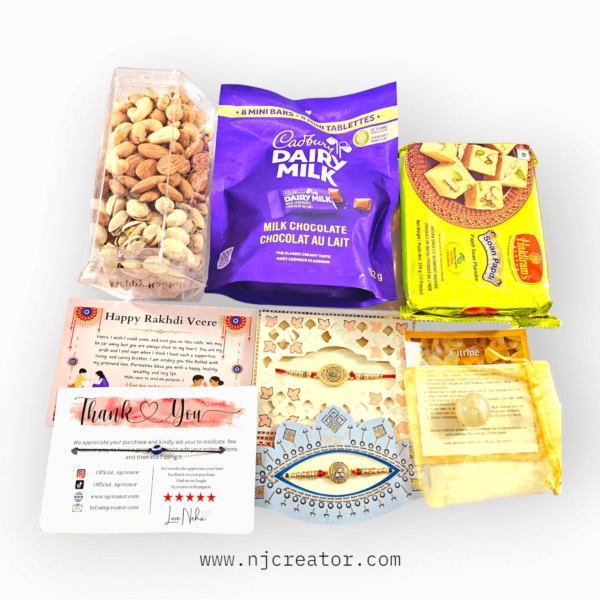 PINK BOX RAKHDI PACKAGE FOR CANADA AND INTERNATIONAL DELIVERY  ( NOT FOR INDIA ) - with dry fruits, chocolates, 5 Rakhdis, indian sweet - Image 2