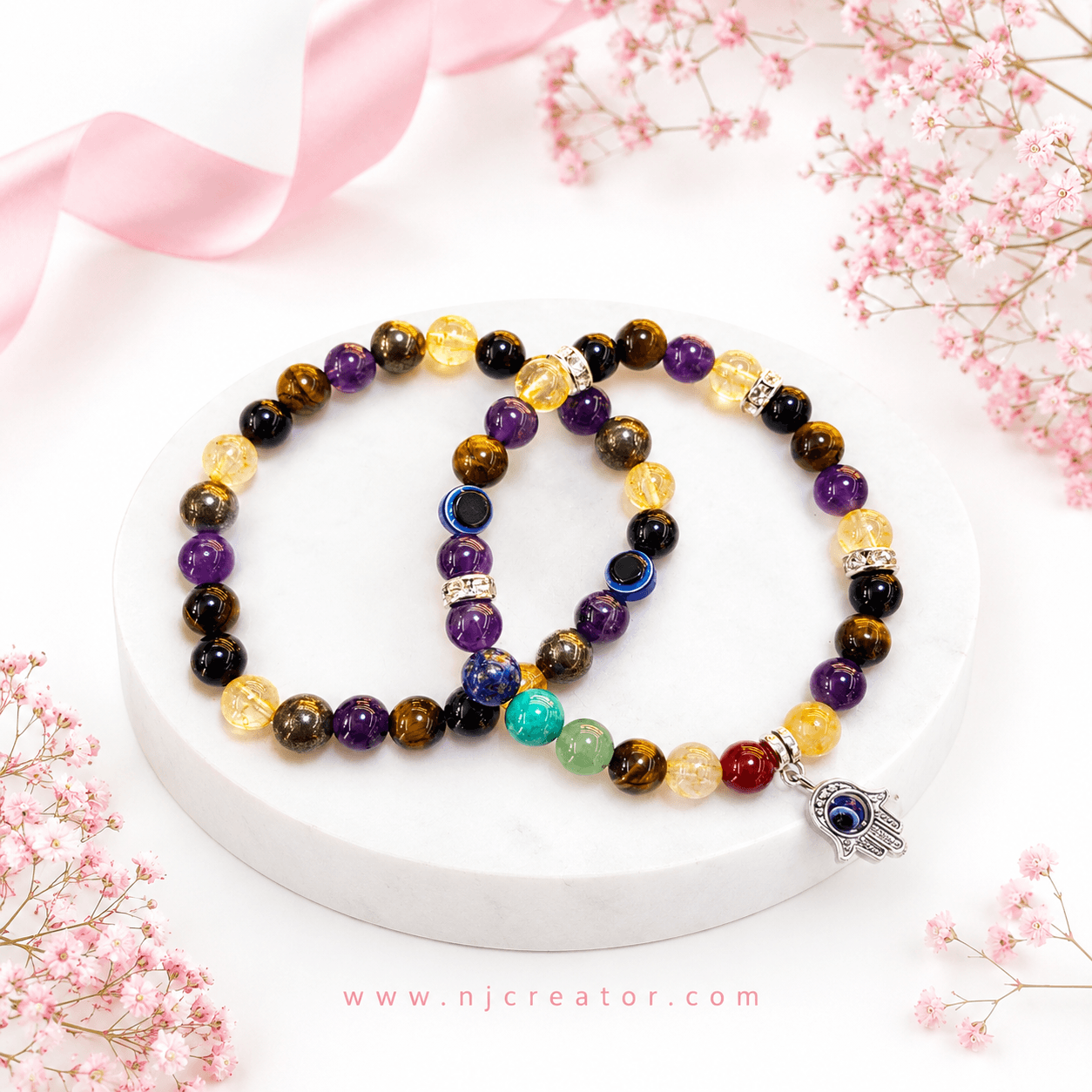 Couple Bracelets 7 Chakra Evil Eye Hamsa Bracelet for women | Amethyst, Tiger Eye, Black Onyx, Citrine, Pyrite & Protection Stones | NJ Creator