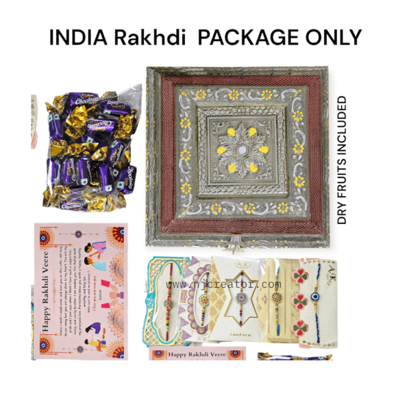 RAKHDI PACKAGE FOR INDIA - FOUR DIFFERENT KINDS OF DRY FRUITS | 5 RAKHDI | PACK OF CADBUSY TOFFEE