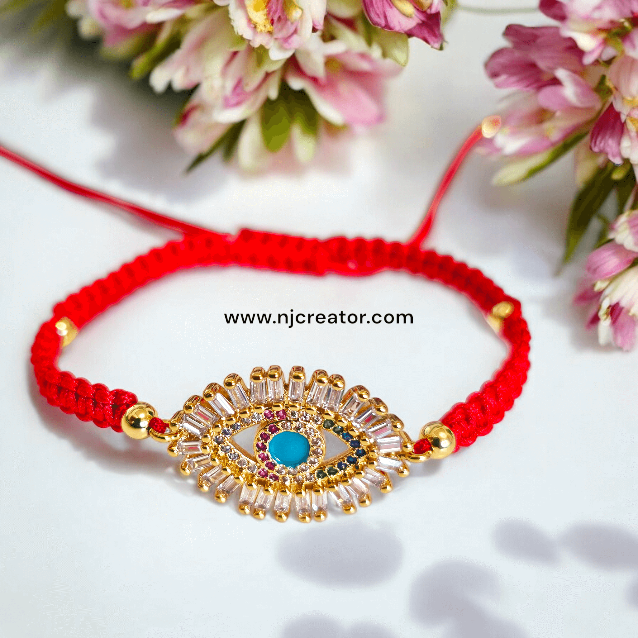 thumbnail image 2 of Handmade Evil Eye Bracelet On Red String With Goldtone Beads - 2 Blue & 2 Red Eyes 2 of 5