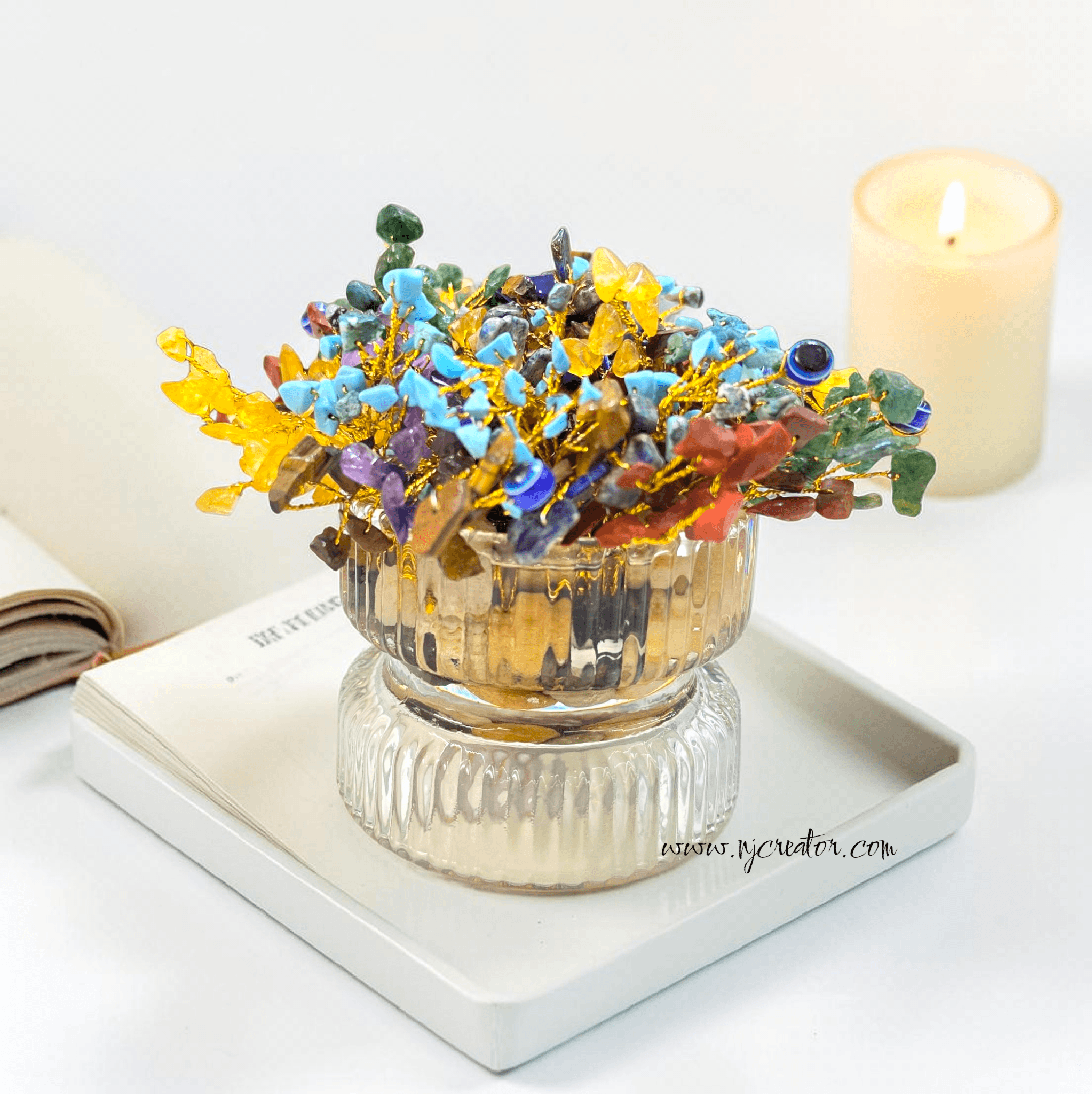 7 Chakra Gemstone Tree perfect small size for work desk, night table, coffee table in some kind of tray | Mixed Gemstone Tree for Protection, Balance & Positive Energy | Spiritual Home Decor Gift