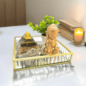 Pyrite & Citrine Pyramid with Shri Yantra & Evil Eye | Raw Pyrite Stone,Turtle, Buddha Statue & Tumble Stones Tray Set | Wealth, Protection & Abundance Crystal Decor