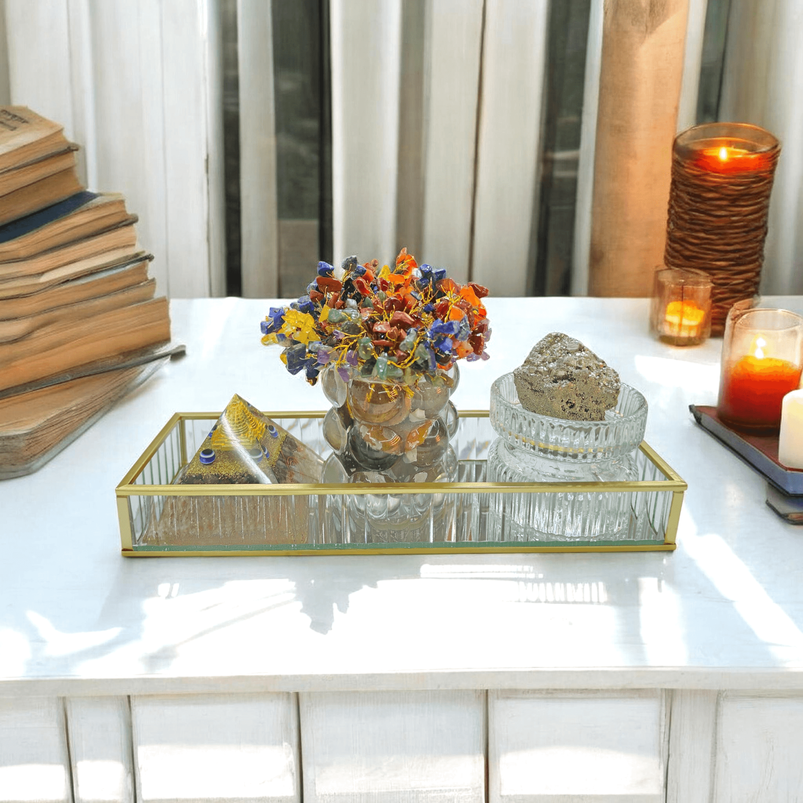 Pyrite Stone with Glass Stand | 7 Chakra Handmade Tree | Citrine Pyrite Pyramid with Shri Yantra & Evil Eye | Wealth, Protection & Energy Balance Set