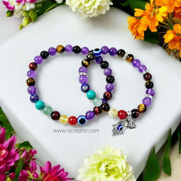 Evil eye Bracelet G13 - Amethyst | Tiger Eye | 7 Chakra | For mental health, focus, confident, physical health