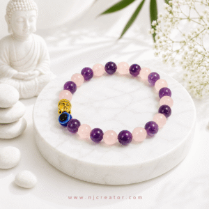 Amethyst, Rose quartz and Evil Eye Bracelet G21 | NJCREATOR|  Relationship, Self Love, Healing, Helps with anxiety , depression, anger issue, overthinking, Evil Eye for Najar