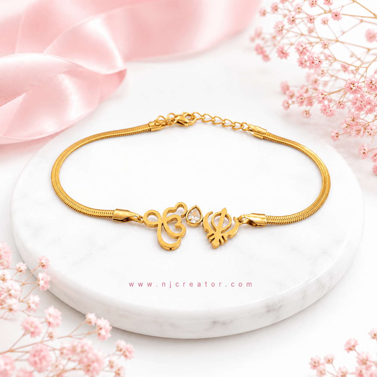 NJCREATOR Ik Onkar & Khanda Gold-Tone Necklace | Sikh Pendant Necklace with Crystal | Punjabi Jewelry