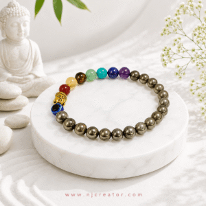 Pyrite and 7 Chakra Bracelet | G2 for men and women | NJCREATOR | Abundance • Confidence • Protection • Motivation • Mental Clarity