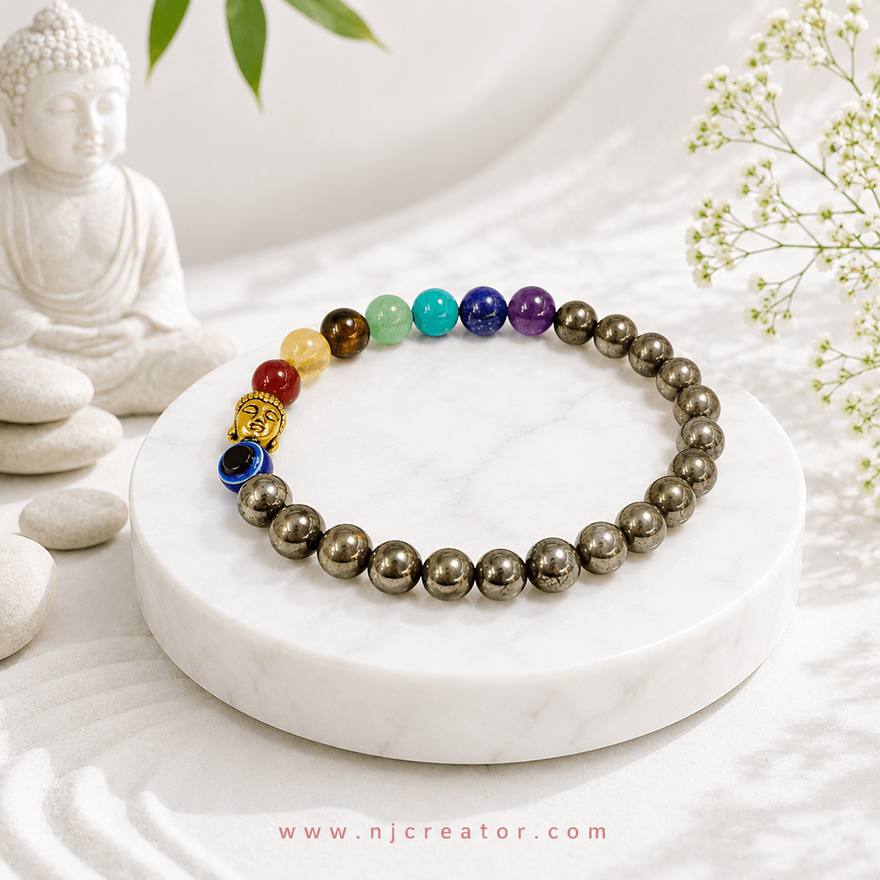 Pyrite and 7 Chakra Bracelet | G2 for men and women | NJCREATOR | Abundance • Confidence • Protection • Motivation • Mental Clarity