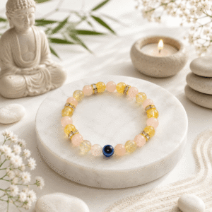 "G19" Citrine & Rose Quartz Evil Eye Bracelet | Abundance • Success • Confidence • Positive Energy Love • Self-Love • Compassion • Harmony