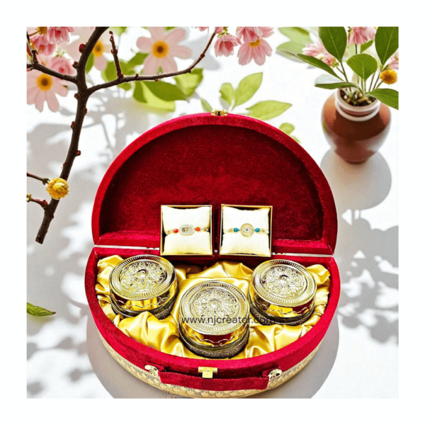 Red Velvet Rakhdi Package with 3 Jars for dry fruits | Dairy milk Chocolate | 2 Standard Rakhies - Image 2