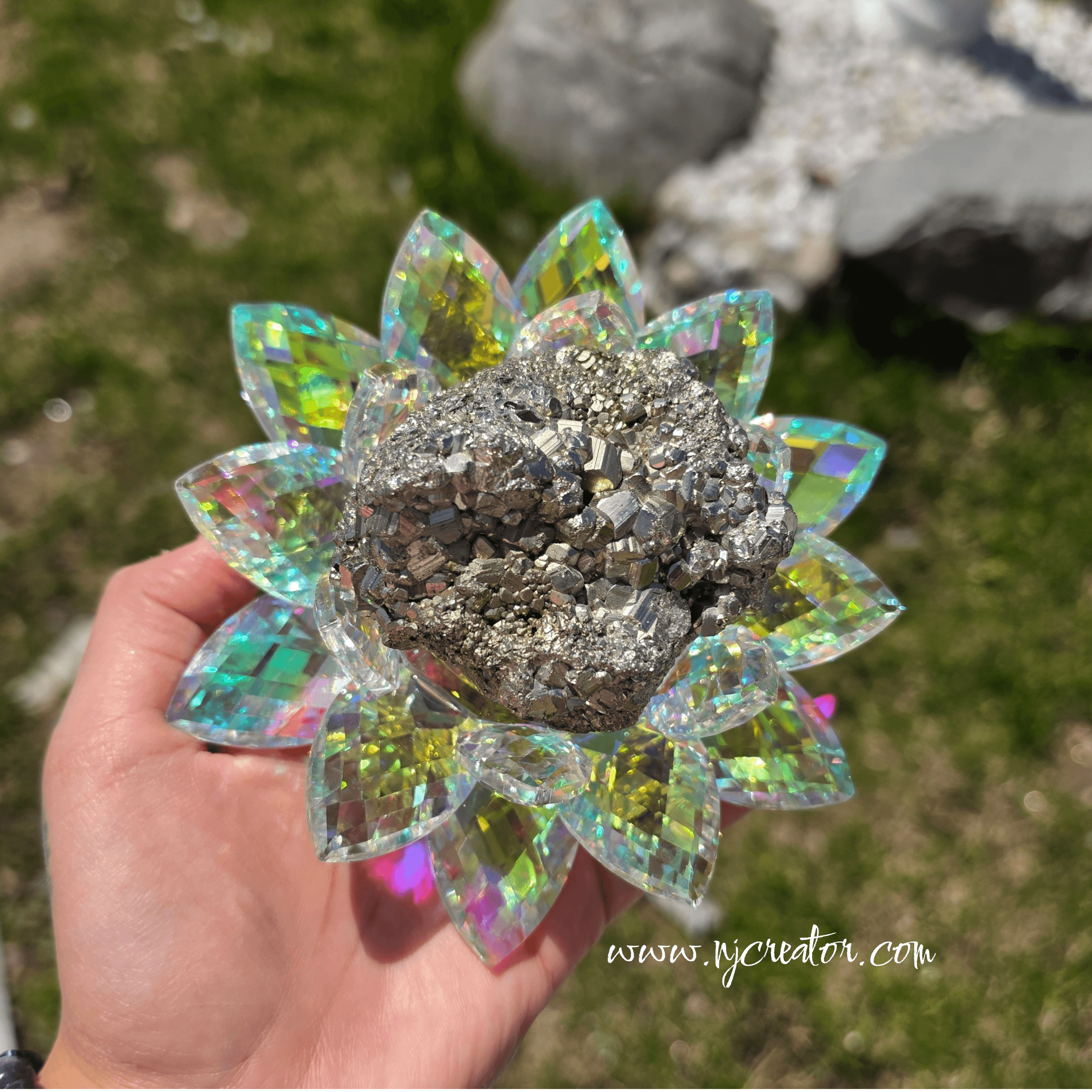 Pyrite Money Magnet Stone on Crystal Lotus Flower | Abundance, Wealth & Protection Decor