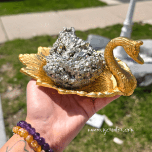 Big size Pyrite Wealth Stone on Gold Swan Tray | Luxury Abundance & Prosperity Decor