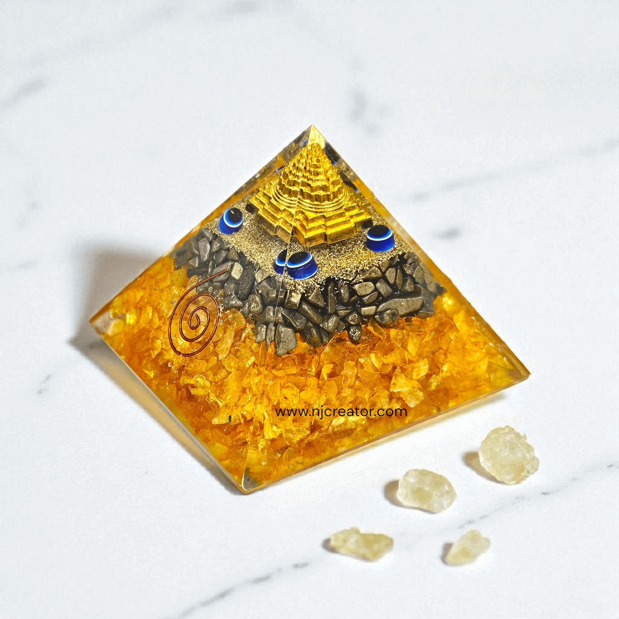 Citrine and Pyrite with Shiri Yantra and Evil EYe : Attracts Success & Shields Negativity, willpower, growth and financial abundance