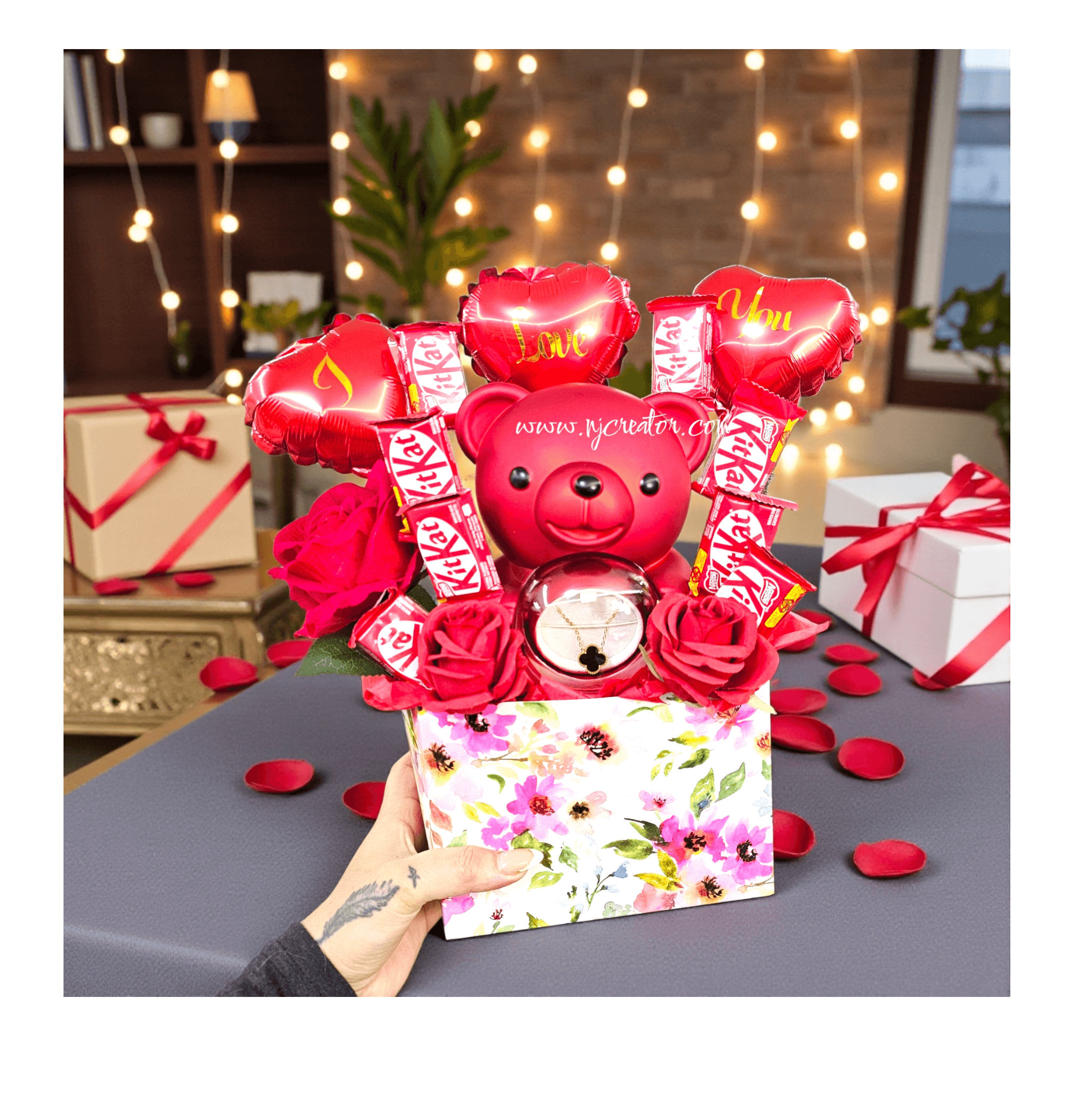 Red Teddy Valentines Gift Box Packing along with Necklace, chocolates, Three I love you Heart Balloons and Red Roses | An Immortal Gift for Valentine’s, Because Love Should Last Forever