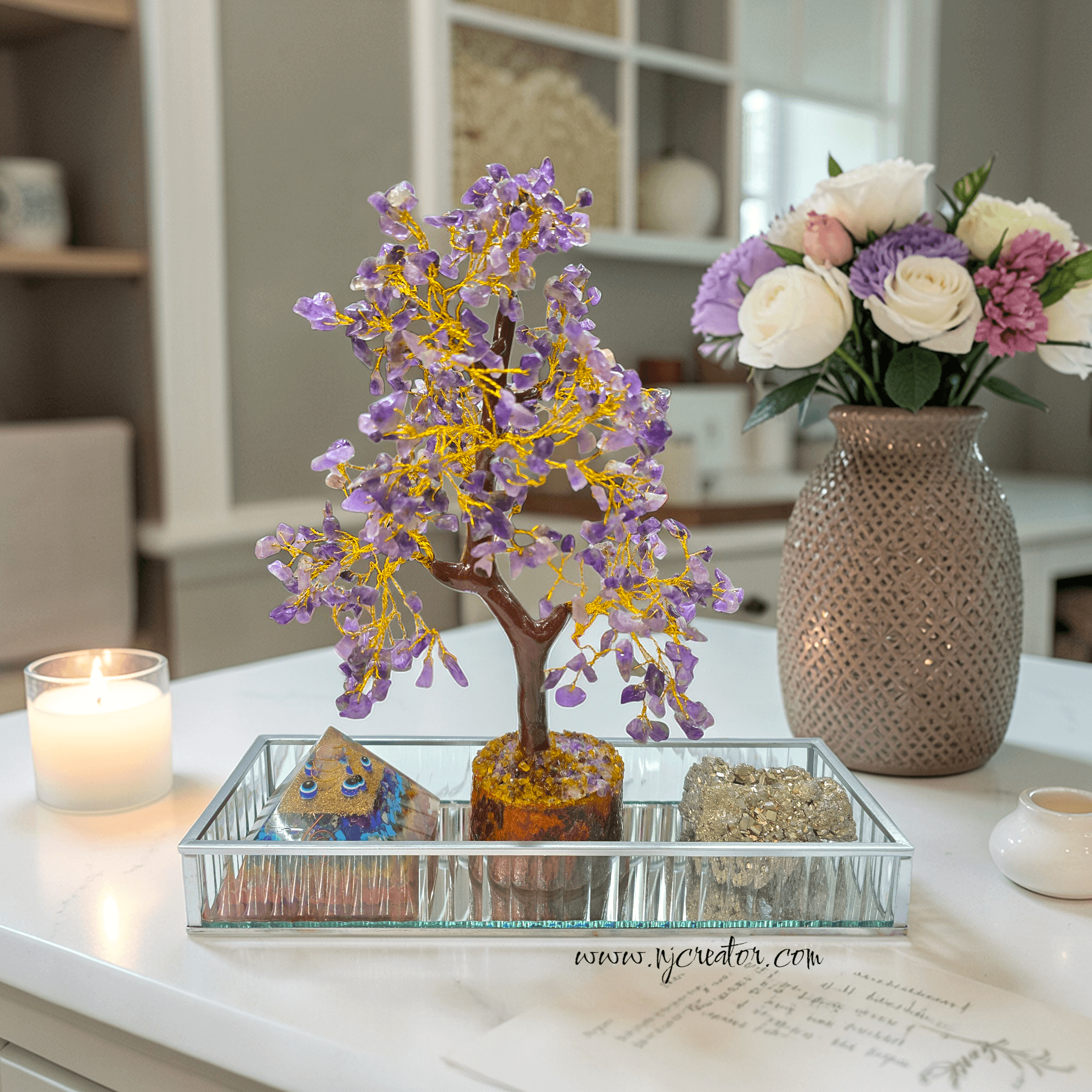 Amethyst, 7 Chakra and Pyrite stone together brings peace, balance, and Abundance/prosperity