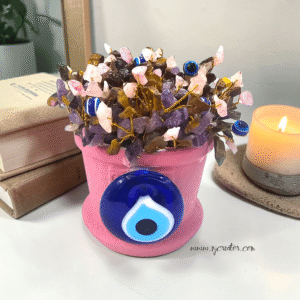 Little tree made with Gemstone Rose quartz, Amethyst , Tiger eye and Evil eye