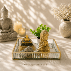 Pyrite & Citrine Pyramid with Shri Yantra & Evil Eye | Raw Pyrite Stone,Turtle, Buddha Statue & Tumble Stones Tray Set | Wealth, Protection & Abundance Crystal Decor