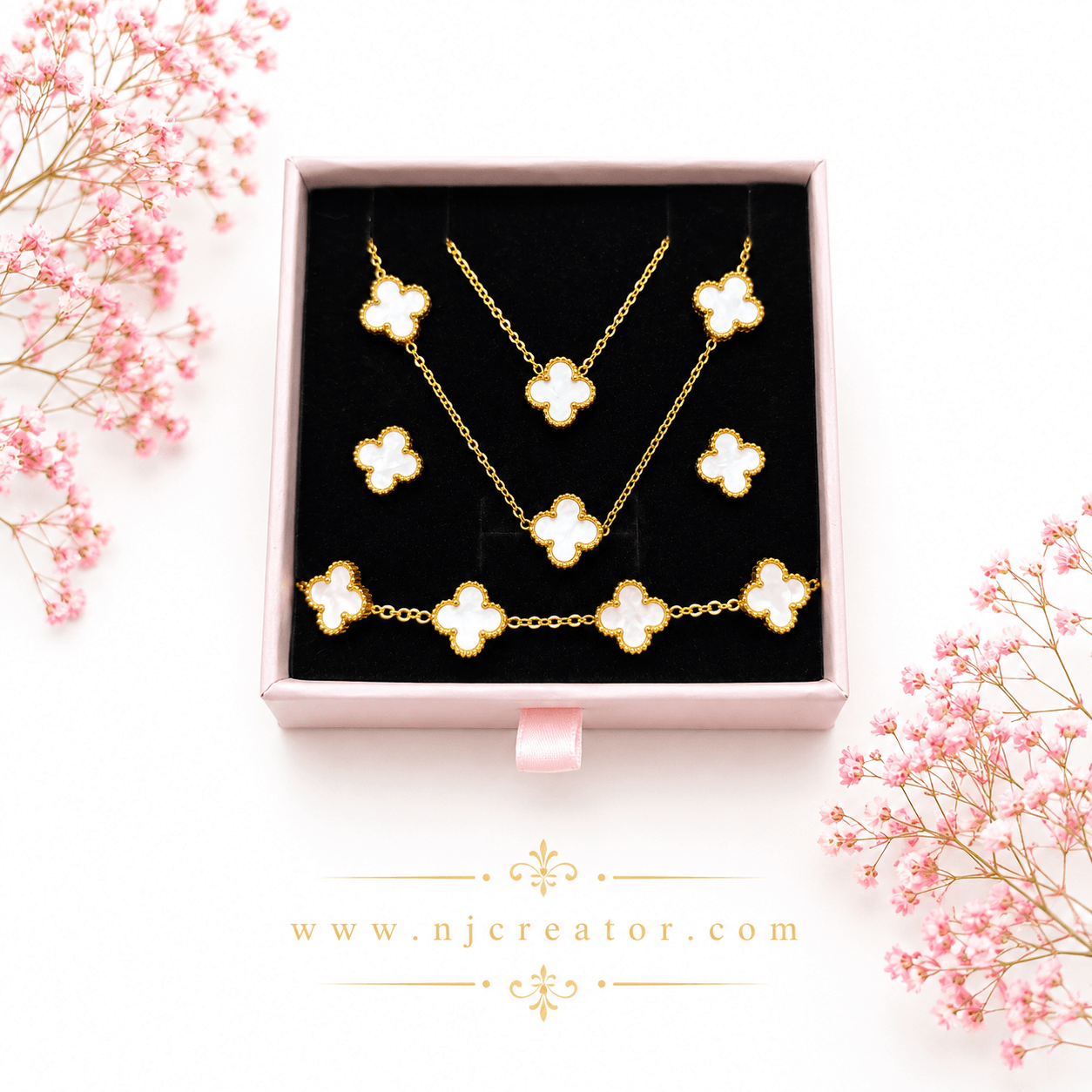 V_C407 | 18k Gold plated Clover Set | One Bracelet, Two Necklace and Earnings | Anti Tarnish and Durable