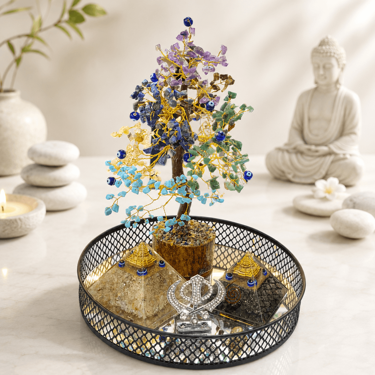 "TRAY02" 7 Chakra tree, Citrine Pyramid and Pyrite Pyramid, Turtle and Khanda in it , together brings peace, balance, and Abundance/prosperity, Money Magnet, Business stone, Growth, opportunities, manifestation | with TRAY
