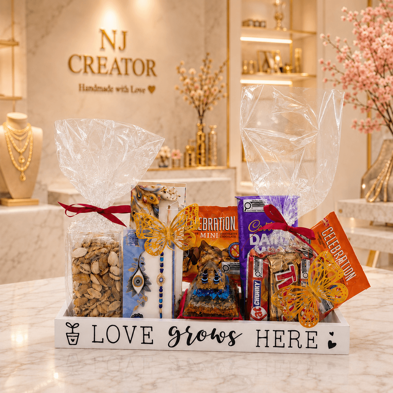 "PACK126"MEGA RAKHDI 5 RAKHDI, Dry Fruits, Chocolates, Cookies, 7 Chakra Pyramid, Chocolate Gift Hamper for Canada, USA and International Customer (Not for India )