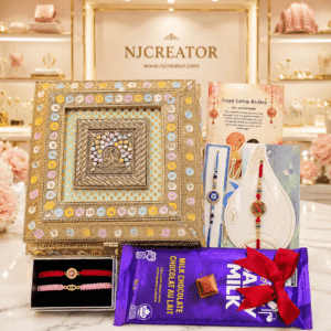"SQUARE FANCY BOX " 2 RAKHDI, DRY FRUITS, DIARY MILK CHOCOLATE, 2 RKAHDI BRACELETS FOR BROTHER AND BHABI Beautifully packed Rakhdi Package for your Brother - International Delivery - Not for India