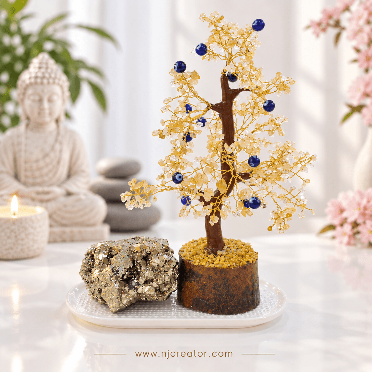 "TRAY011" Citrine tree and Pyrite Raw Stone for Abundance/prosperity, Money Magnet, Business stone, Growth, opportunities, manifestation | TRAY Included