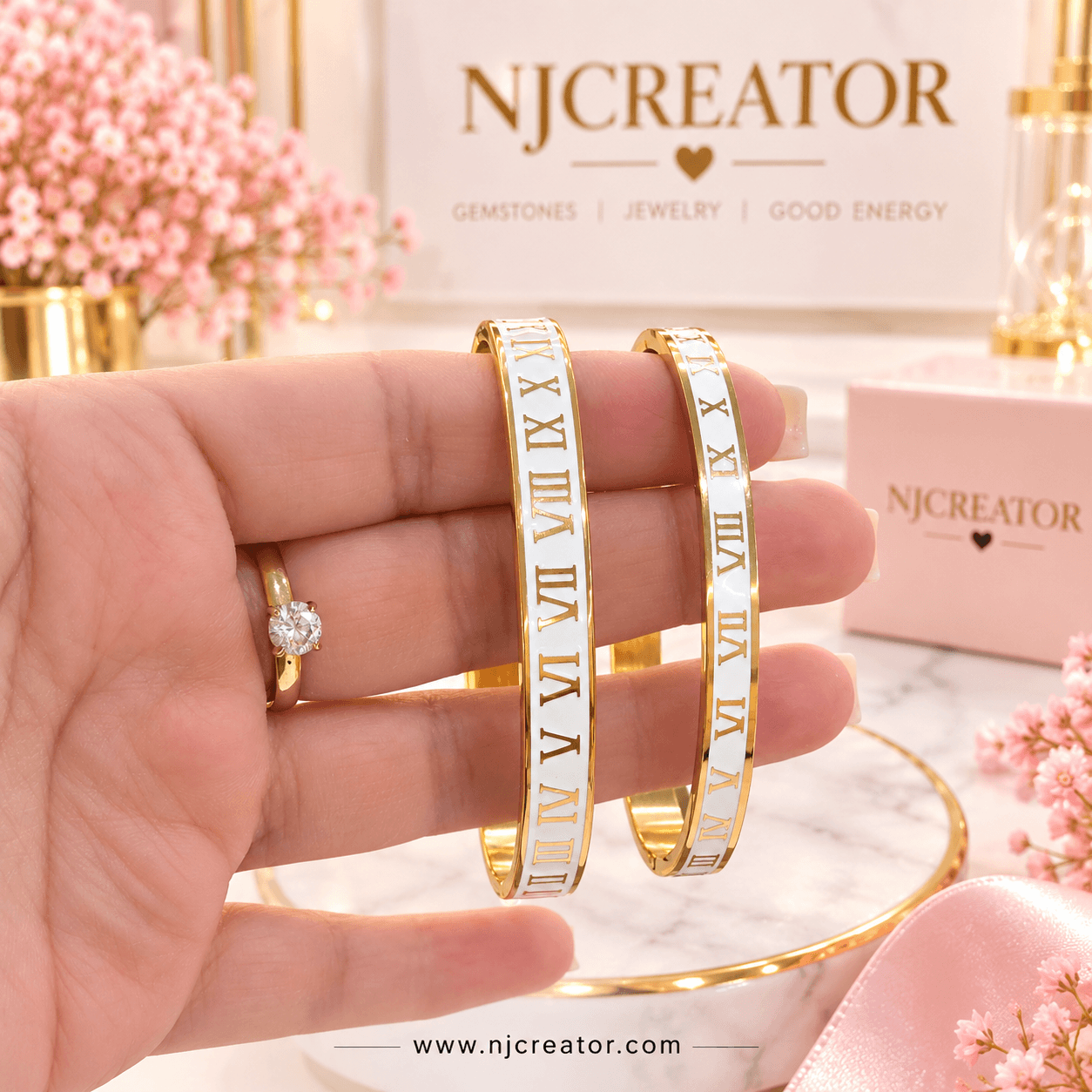 "STK25" 18k Gold Plated Bracelet | White & Gold Roman Numeral Bangle Bracelet | Slim & Wide Styles