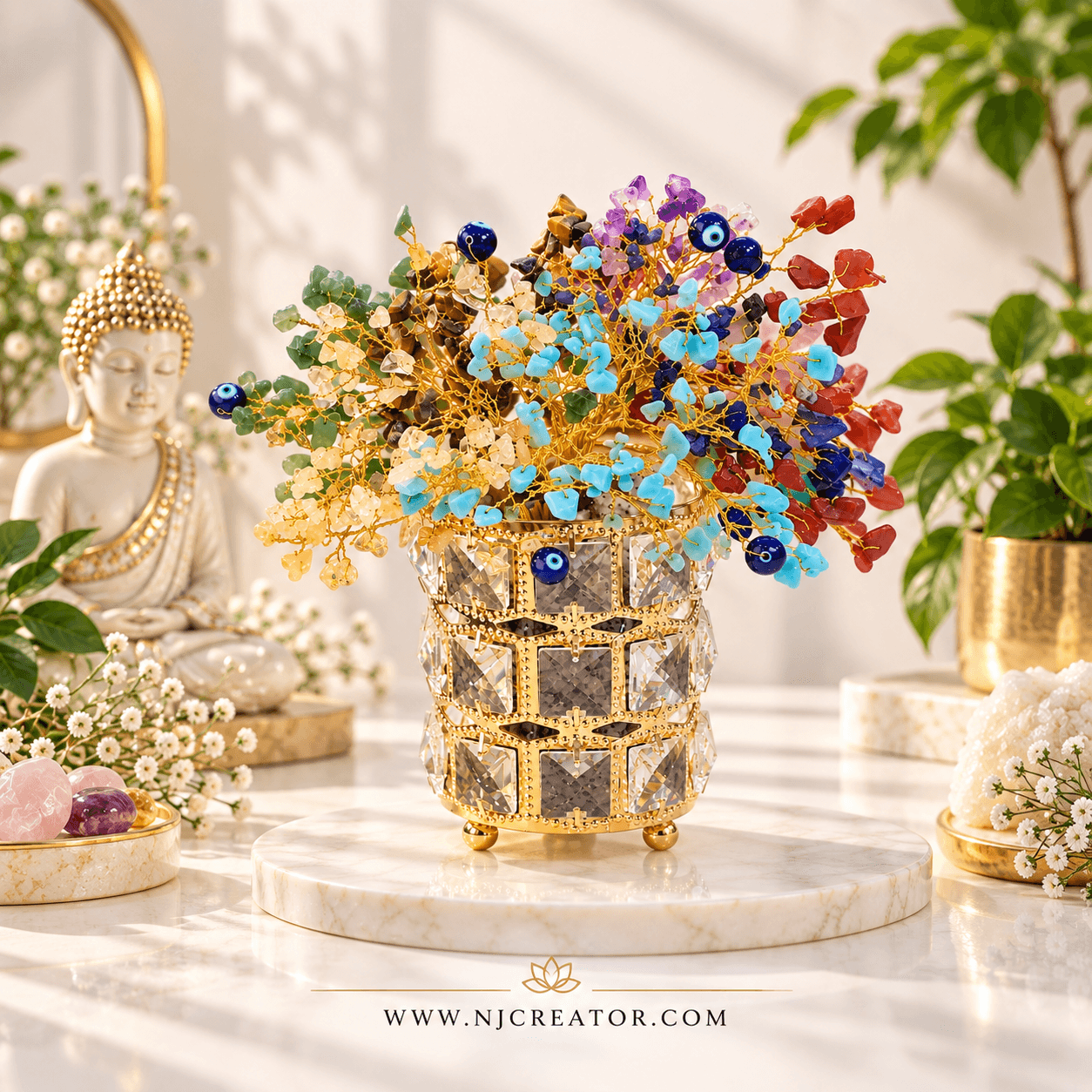 Gold Base | 7 Chakra Tree with 500 STONE – Healing, Balance & Positive Energy stones | Handmade with love by us for you, with Evil eyes to protect your place from Najar | SVN3 (Copy)
